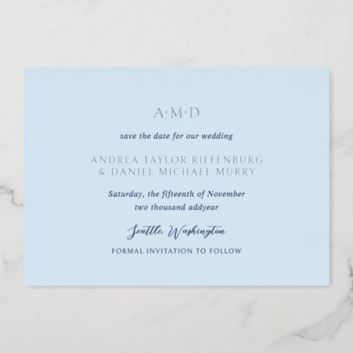 Monogram Blue Formal Elegant Wedding Save The Date Foil Invitation