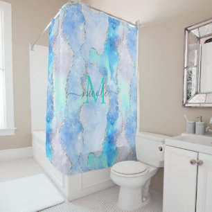 Monogram Blue Galaxy Glitter Agate Shower Curtain