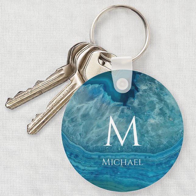 Monogram Blue Geode Initial & Name Modern Agate Keychain (Creator Uploaded)