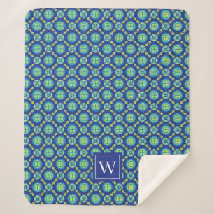 Monogram Blue Geometric Pattern Sherpa Blanket