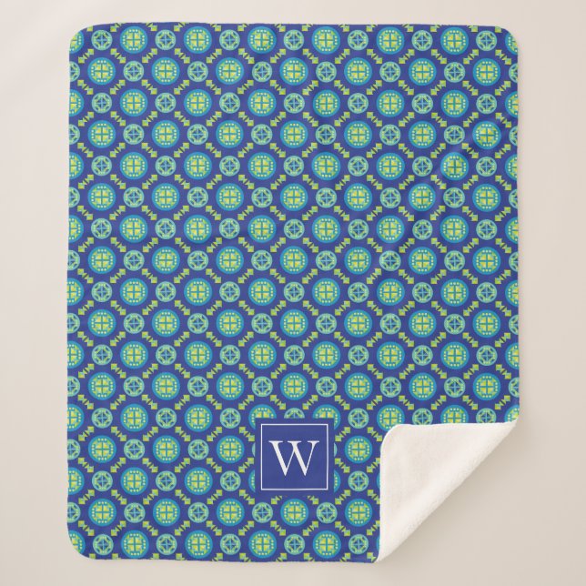 Monogram Blue Geometric Pattern Sherpa Blanket (Front)