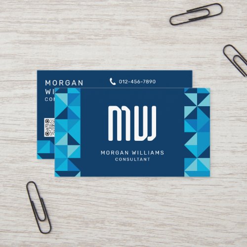 Monogram Blue Geometric QR Code Business Card