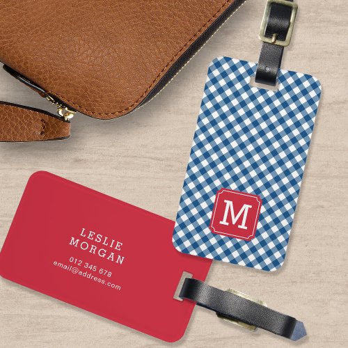Monogram Blue Gingham and Red Luggage Tag