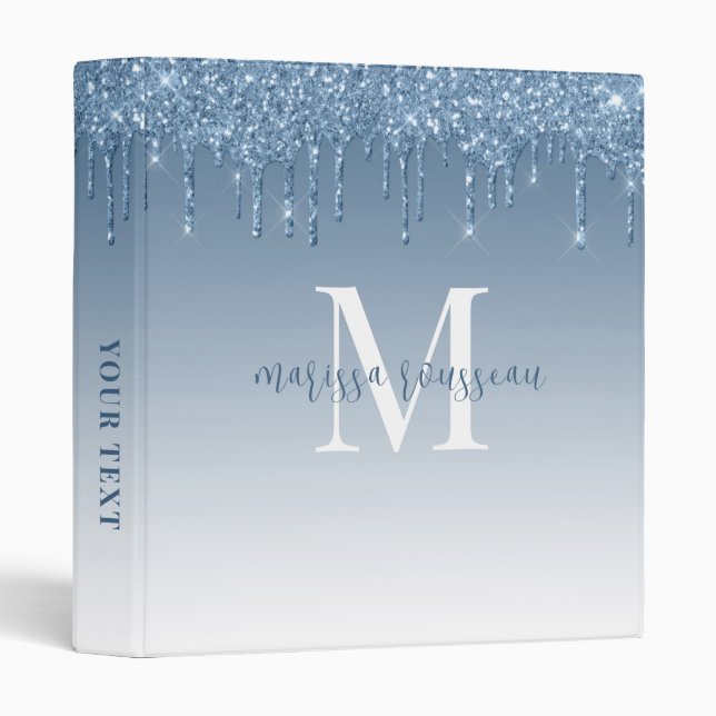 Monogram Blue Glitter Drip Sparkle Ombre  3 Ring Binder (Front/Spine)
