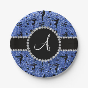Monogram blue glitter gymnastics hearts paper plates