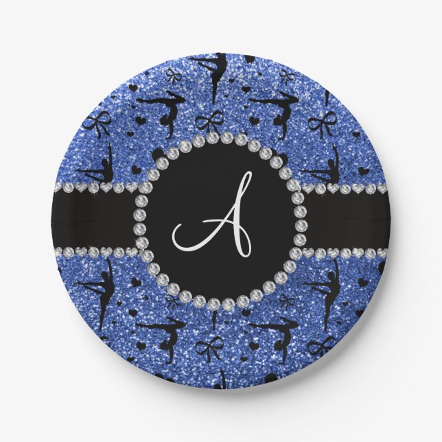 Monogram blue glitter gymnastics hearts paper plates (Front)