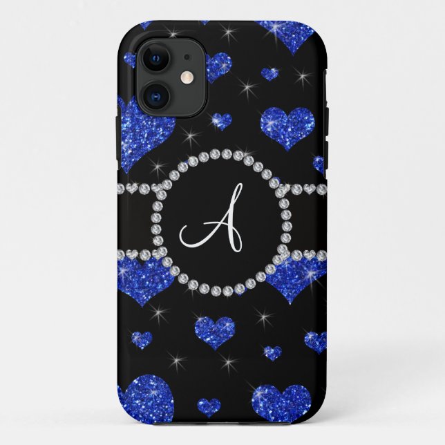 Monogram blue glitter hearts black diamonds circle Case-Mate iPhone case (Back)