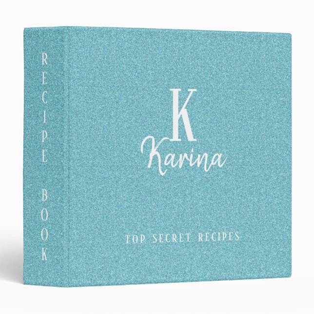 Monogram blue glitter sparkle personalized recipe 3 ring binder (Front/Spine)