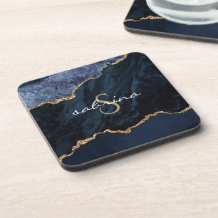 Monogram Blue Gold Agate Geode Beverage Coaster