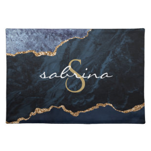Monogram Blue Gold Agate Geode Cloth Placemat