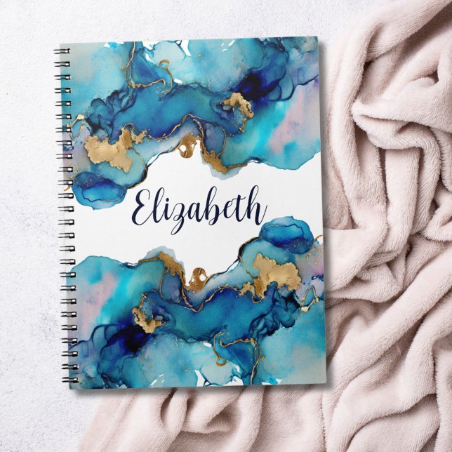 Monogram Blue Gold Alcohol Ink Watercolor Wash Notebook (Monogram Name blue gold alcohol ink watercolor wash notebook journal)