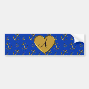 Monogram blue gold anchors bumper sticker