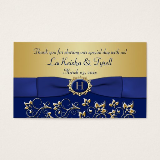 Customizable Monogram Blue Gold Floral Favor Thank You Tag Business Card