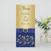 Monogram Blue, Gold Floral Menu Card (Standing Front)