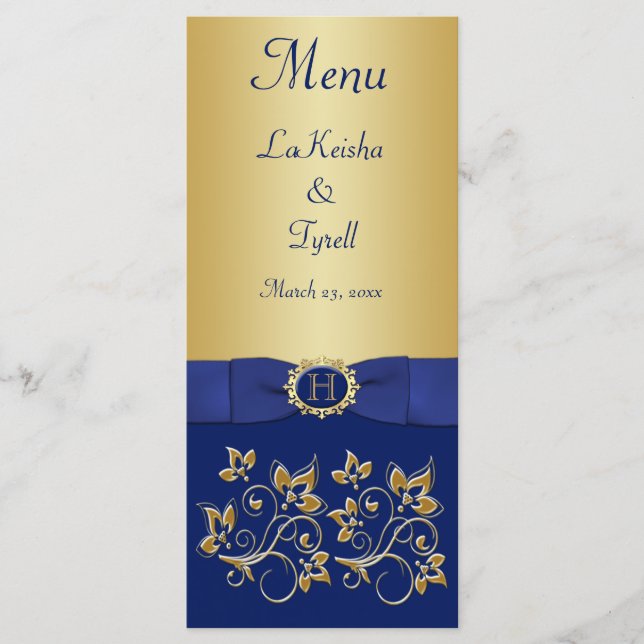 Monogram Blue, Gold Floral Menu Card (Front)