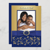 Monogram Blue, Gold Floral Photo Wedding Invite (Front/Back)
