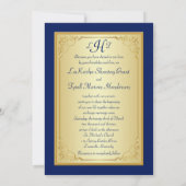 Monogram Blue, Gold Floral Photo Wedding Invite (Back)