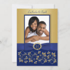 Monogram Blue, Gold Floral Photo Wedding Invite