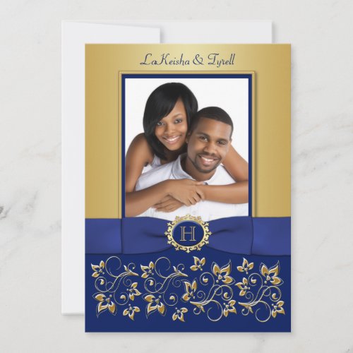 Monogram Blue, Gold Floral Photo Wedding Invite