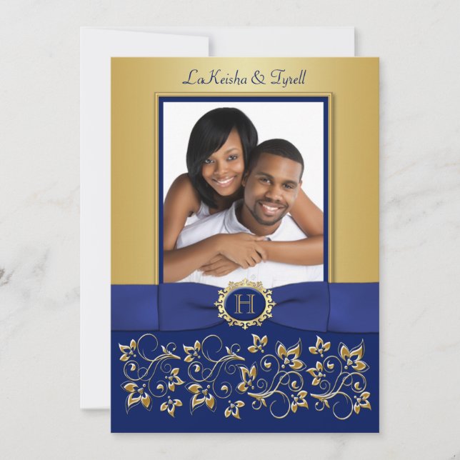 Monogram Blue, Gold Floral Photo Wedding Invite (Front)
