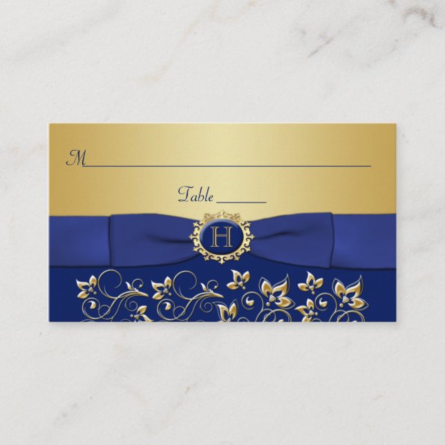 Monogram Blue Gold Floral Place Card (Front)