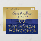 Monogram Blue, Gold Floral Save the Date Post Card (Front/Back)