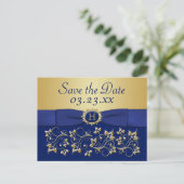 Monogram Blue, Gold Floral Save the Date Post Card (Standing Front)