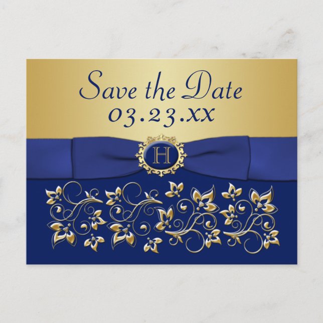 Monogram Blue, Gold Floral Save the Date Post Card (Front)