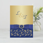 Monogram Blue, Gold Floral Scroll Wedding Invite (Standing Front)