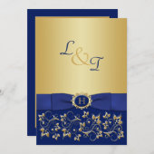 Monogram Blue, Gold Floral Scroll Wedding Invite (Front/Back)