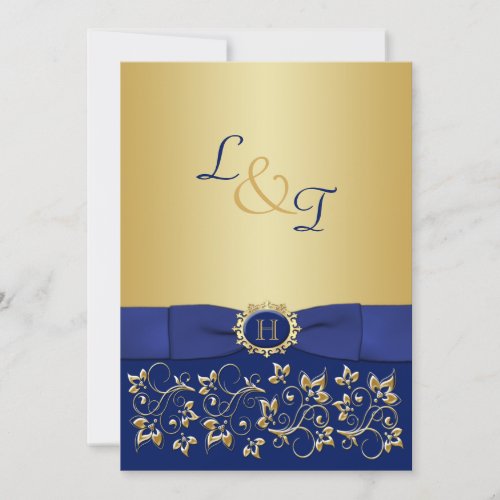 Monogram Blue Gold Floral Scroll Wedding Invite