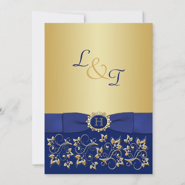 Monogram Blue, Gold Floral Scroll Wedding Invite (Front)