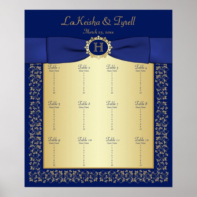 Monogram Blue, Gold Floral Table Seating Poster (Front)