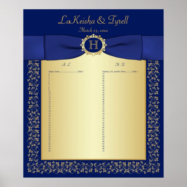 Monogram Blue, Gold Floral Table Seating Poster 2 (Front)
