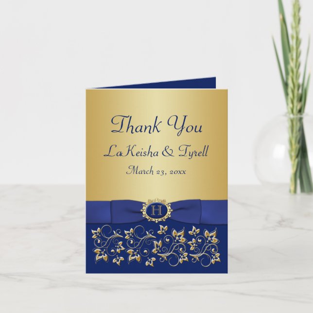 Monogram Blue, Gold Floral Thank You Card (Front)