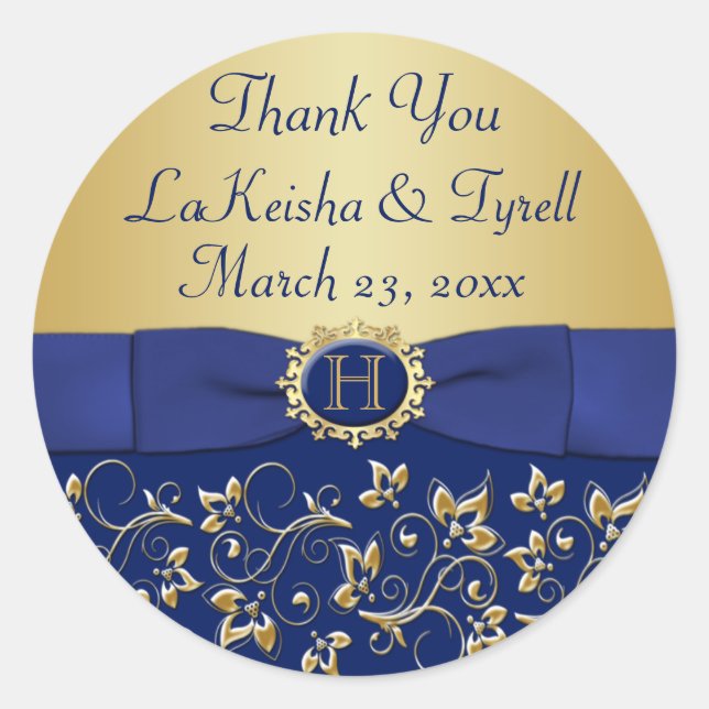 Monogram Blue, Gold Floral Wedding Favor Sticker (Front)