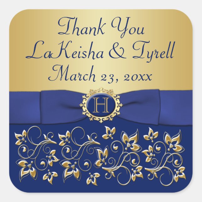 Monogram Blue, Gold Floral Wedding Favor Sticker (Front)