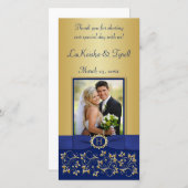 Monogram Blue, Gold Floral Wedding Photo Card (Front/Back)