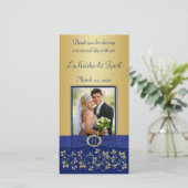 Monogram Blue, Gold Floral Wedding Photo Card (Standing Front)