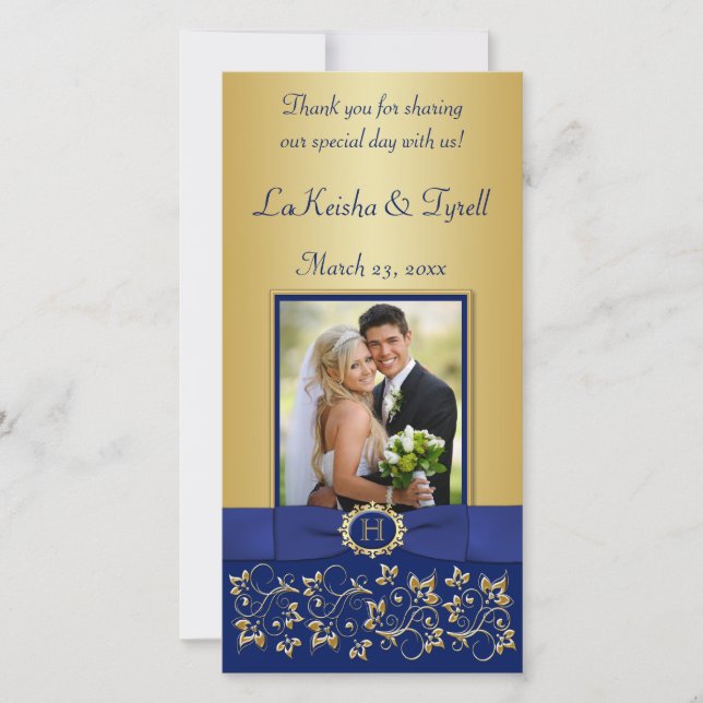 Monogram Blue, Gold Floral Wedding Photo Card (Front)