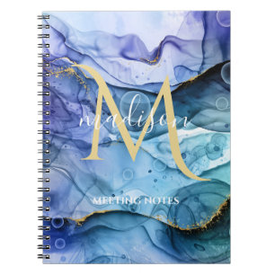 Monogram Blue & Gold Fluid Alcohol Ink Abstract Notebook