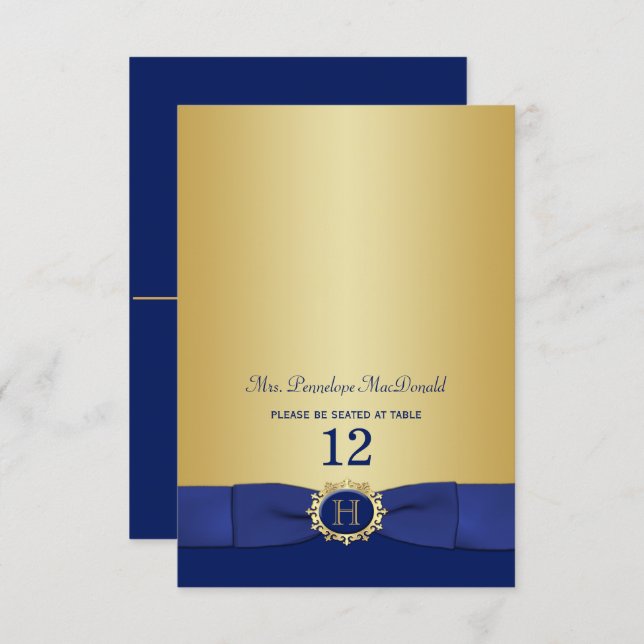 Monogram Blue, Gold Folding Place Card (Front/Back)