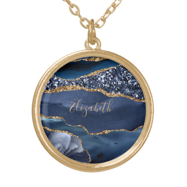 Monogram Blue Gold Glitter Agate Bridesmaid Gift Plated Necklace (Front)