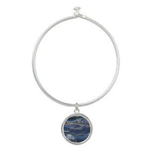 Monogram Blue Gold Glitter Agate Gift for Her Bangle Bracelet