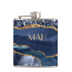 Monogram Blue Gold Glitter Agate Marble Glam Bling Flask