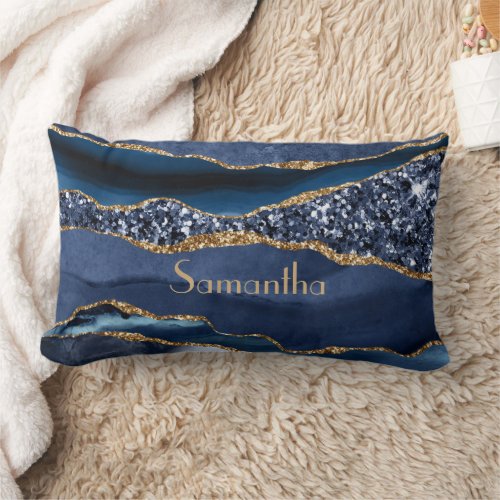 Monogram Blue Gold Glitter Agate Marble Glam Bling Lumbar Pillow