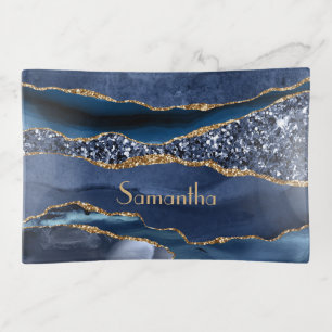 Monogram Blue Gold Glitter Agate Marble Glam Bling Trinket Tray