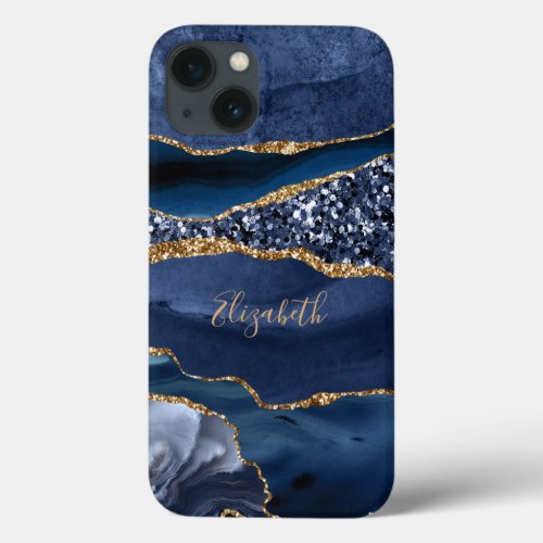 Monogram Blue Gold Glitter Agate Marble Trendy iPhone 13 Case