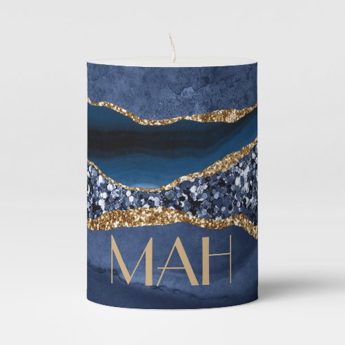 Monogram Blue Gold Glitter Agate Marble Trendy Pillar Candle