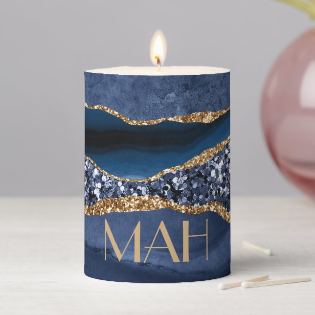 Monogram Blue Gold Glitter Agate Marble Trendy Pillar Candle (In Situ)